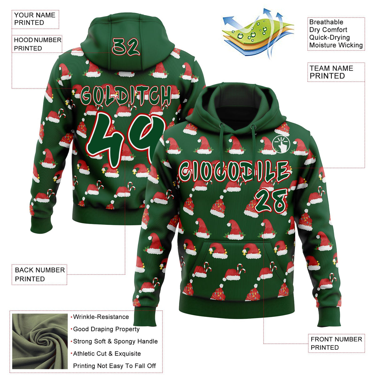 Custom  Green White-Red Christmas Santa Claus Hats Pullover Sweatshirt Hoodie