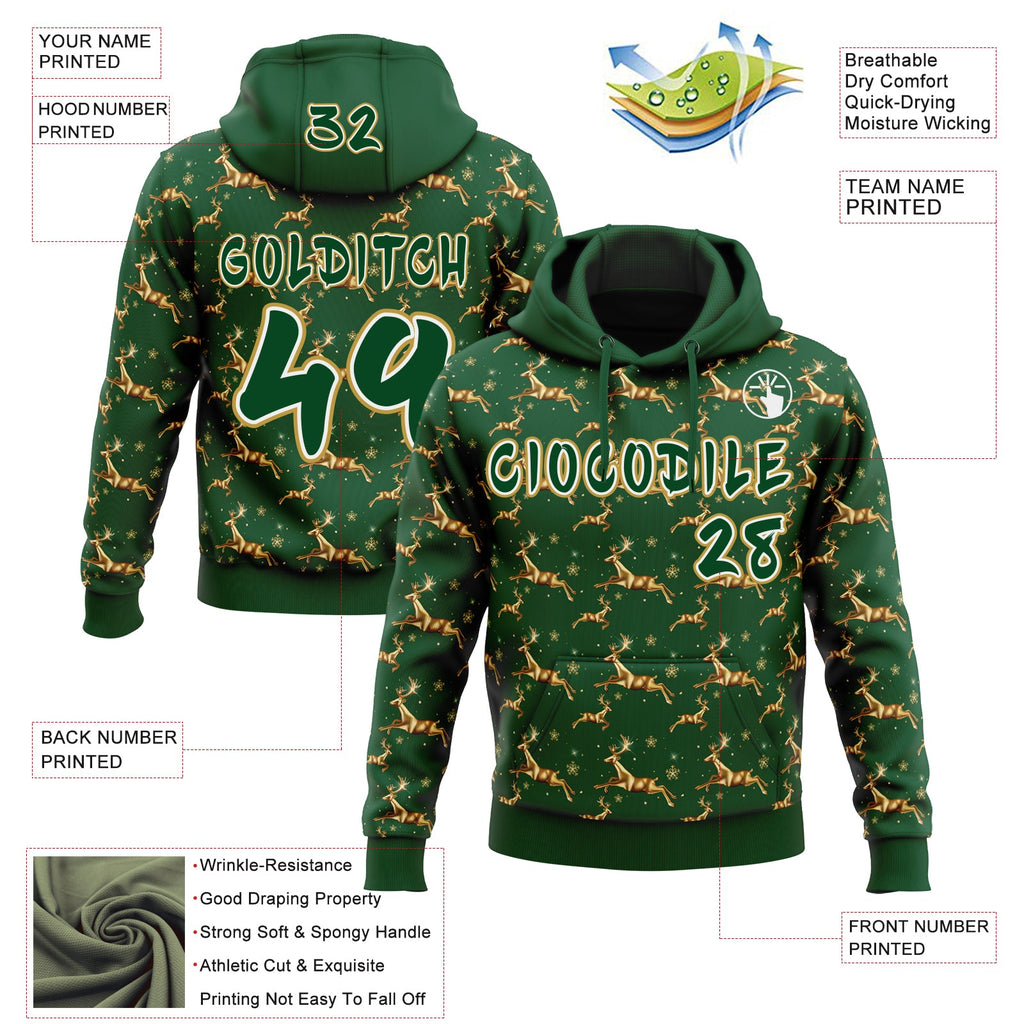 Custom  Green White-Old Gold Christmas Golden Reindeer & Snowflakes Pullover Sweatshirt Hoodie