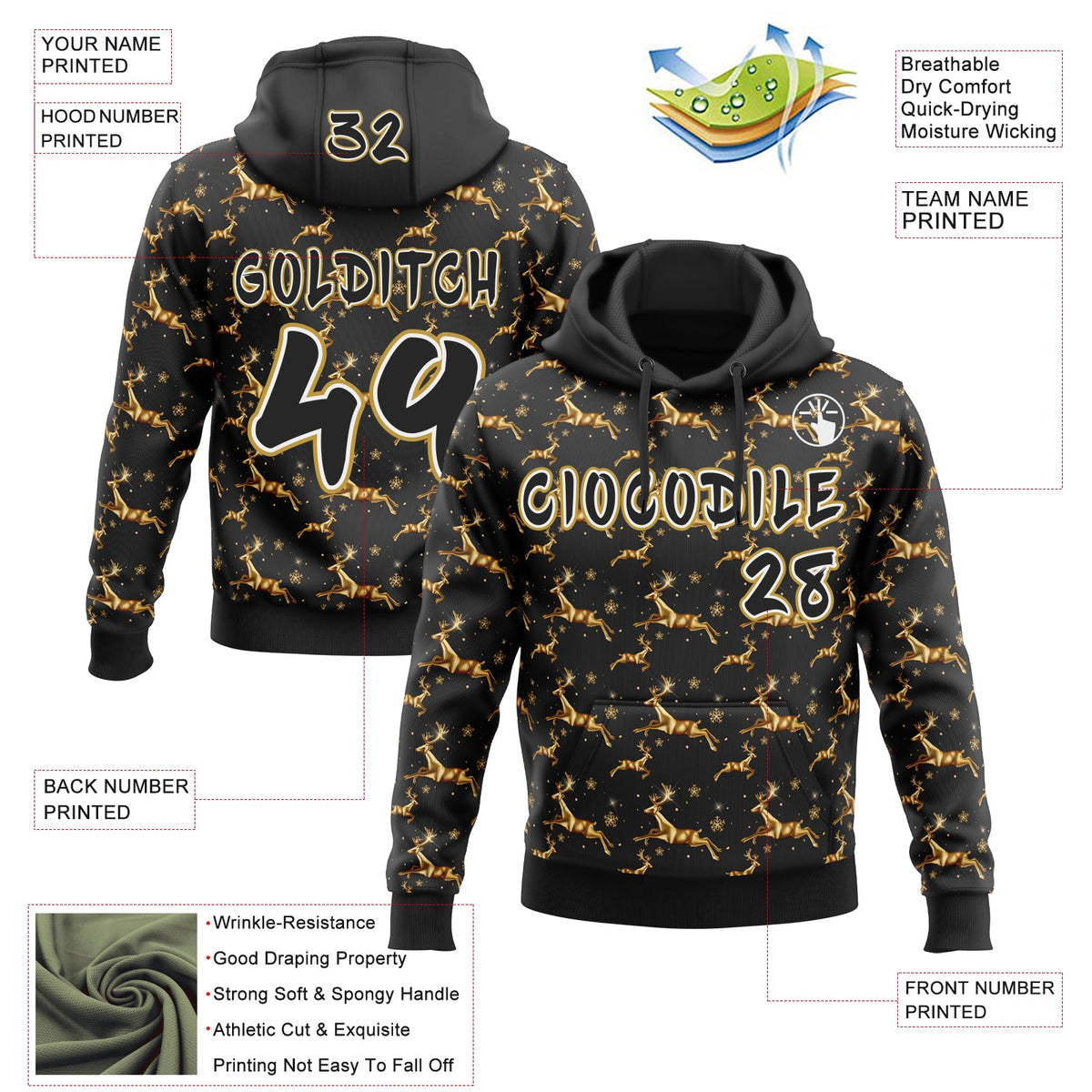 Custom  Black White-Old Gold Christmas Golden Reindeer & Snowflakes Pullover Sweatshirt Hoodie