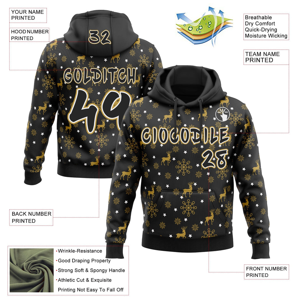 Custom  Black Old Gold-White Christmas Golden Reindeer & Snowflakes Pullover Sweatshirt Hoodie