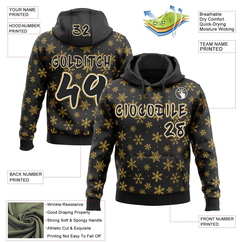 Custom  Black Old Gold-White Christmas Snowflakes Pullover Sweatshirt Hoodie