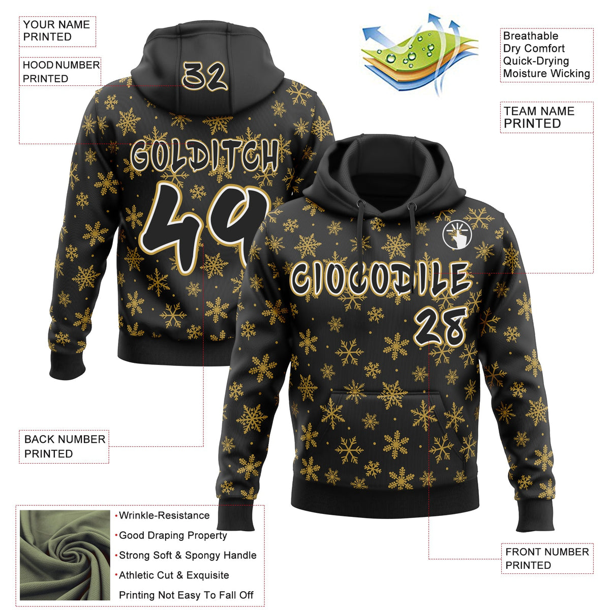 Custom  Black Old Gold-White Christmas Snowflakes Pullover Sweatshirt Hoodie