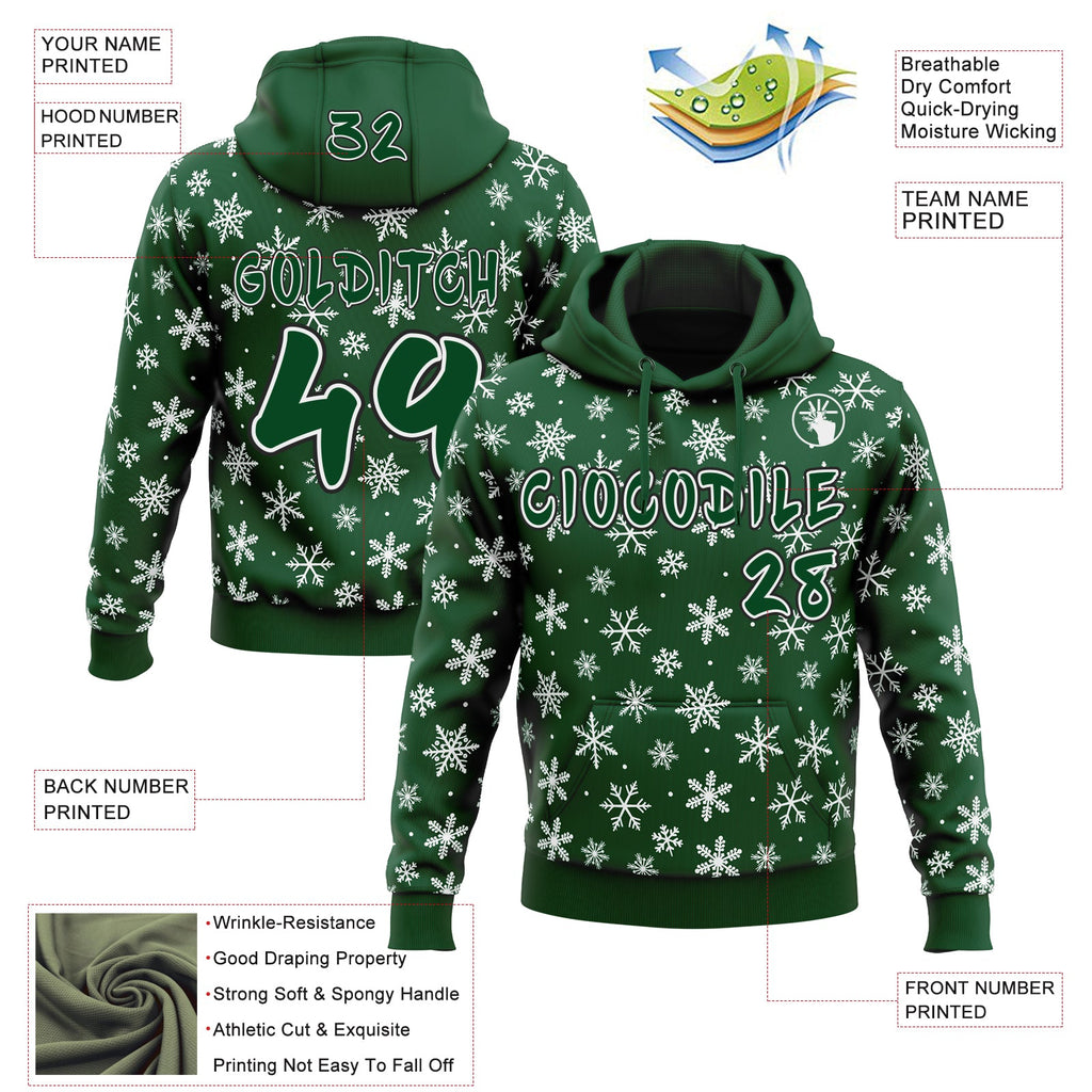 Custom  Green White-Black Christmas Snowflakes Pullover Sweatshirt Hoodie