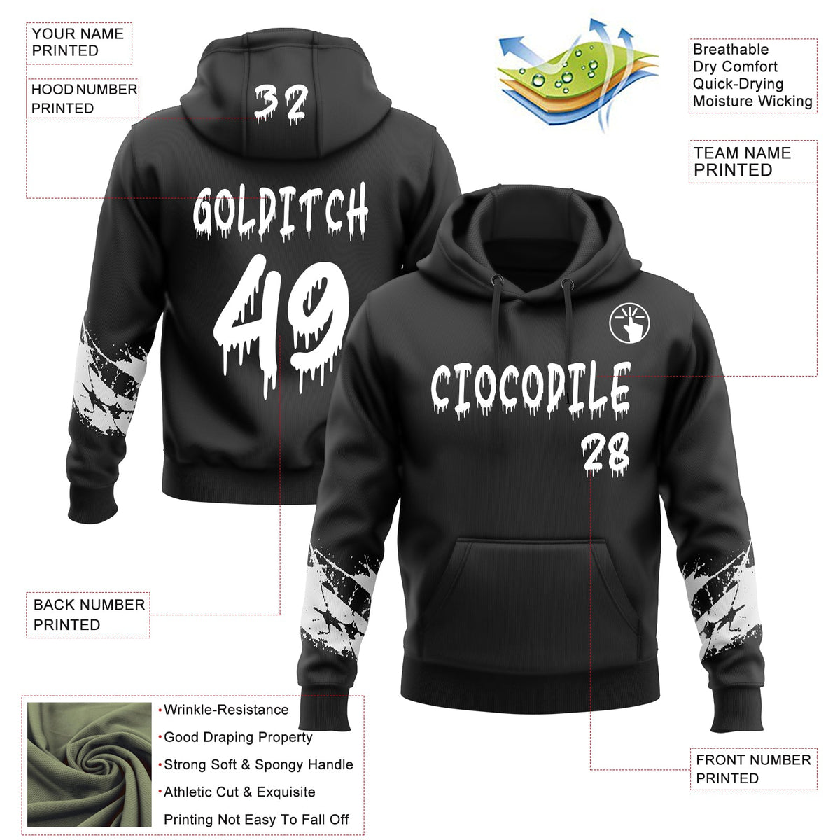 Custom Black-White Dripping Font Brush Stroke Splatter Sleeve Stripes Pullover Sweatshirt Hoodie