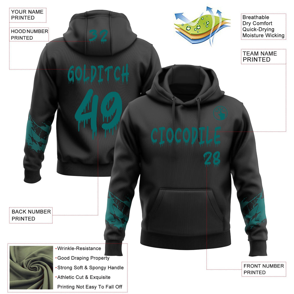 Custom Black-Teal Dripping Font Brush Stroke Splatter Sleeve Stripes Pullover Sweatshirt Hoodie