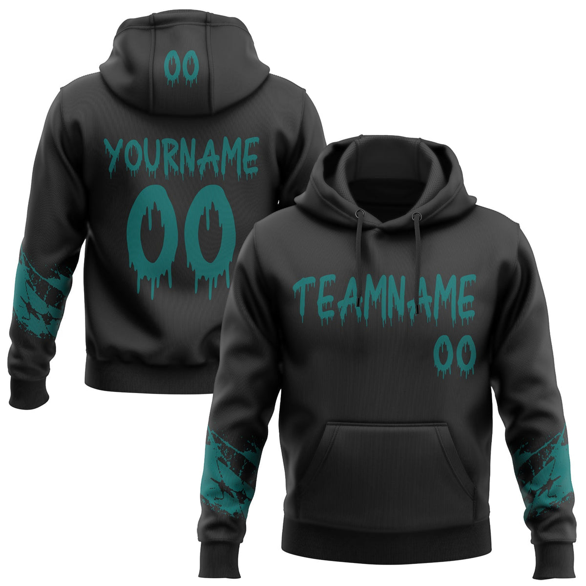 Custom Black-Teal Dripping Font Brush Stroke Splatter Sleeve Stripes Pullover Sweatshirt Hoodie