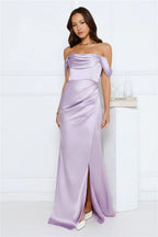 Silken Starlet Off Shoulder Satin Maxi Dress Lavender