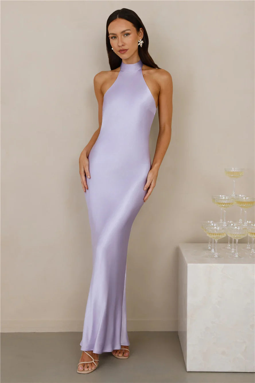 The Cleo Halter Satin Maxi Dress Lilac