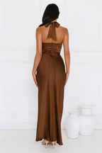 Ambiance Of The Night Halter Satin Maxi Dress Brown