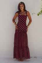 TILLIE SHEER BOTTOM MAXI DRESS - WINE/WHITE POLKA