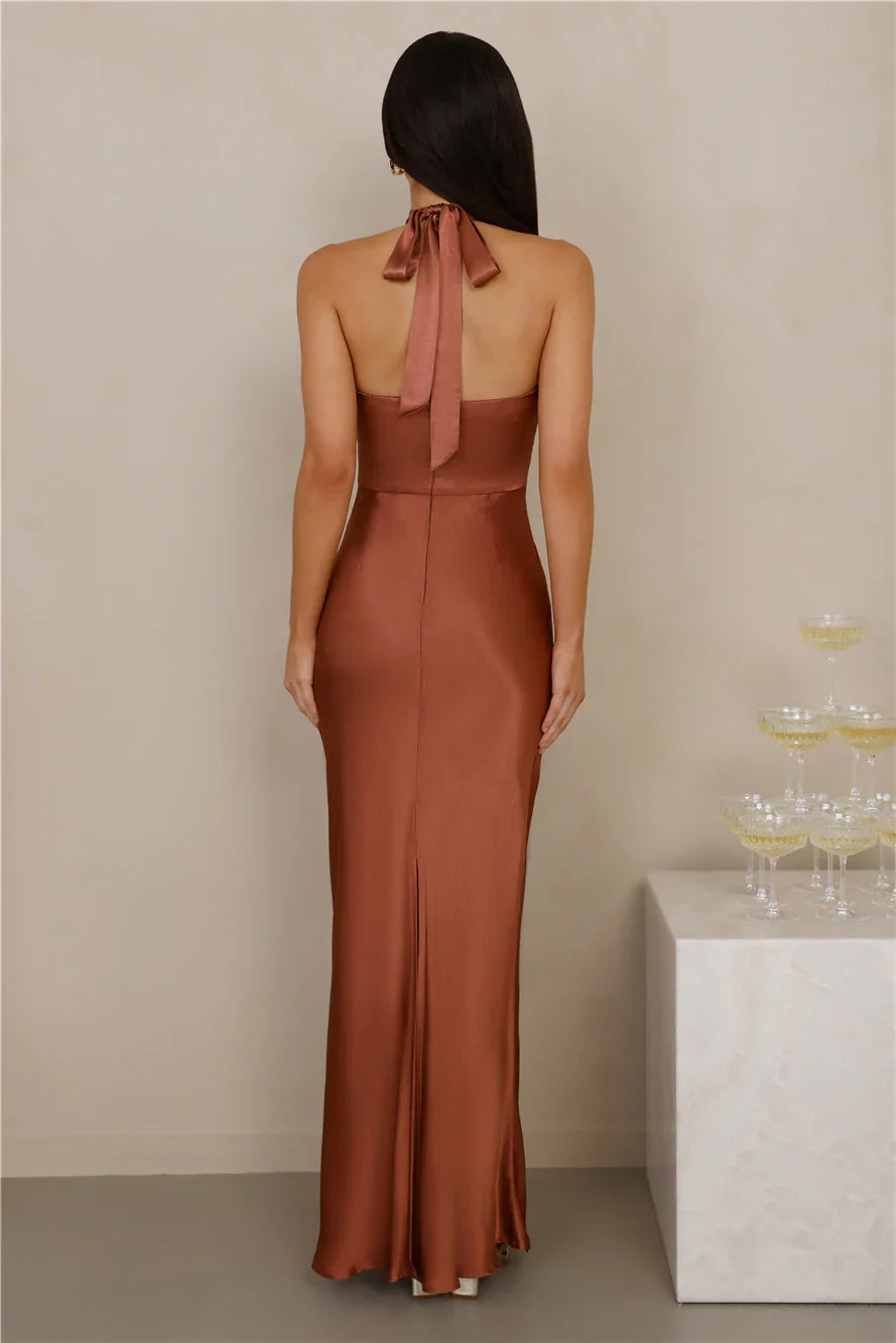 The Cleo Halter Satin Maxi Dress Copper