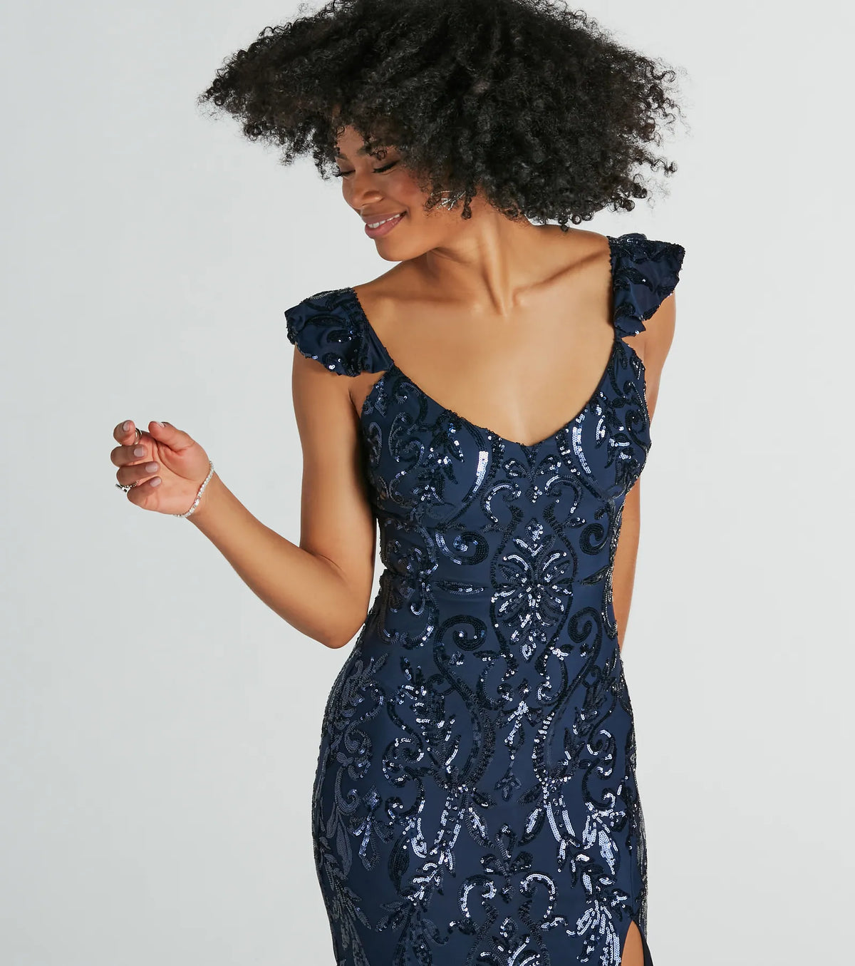 Estella V-Neck Column Long Sequin Formal Dress