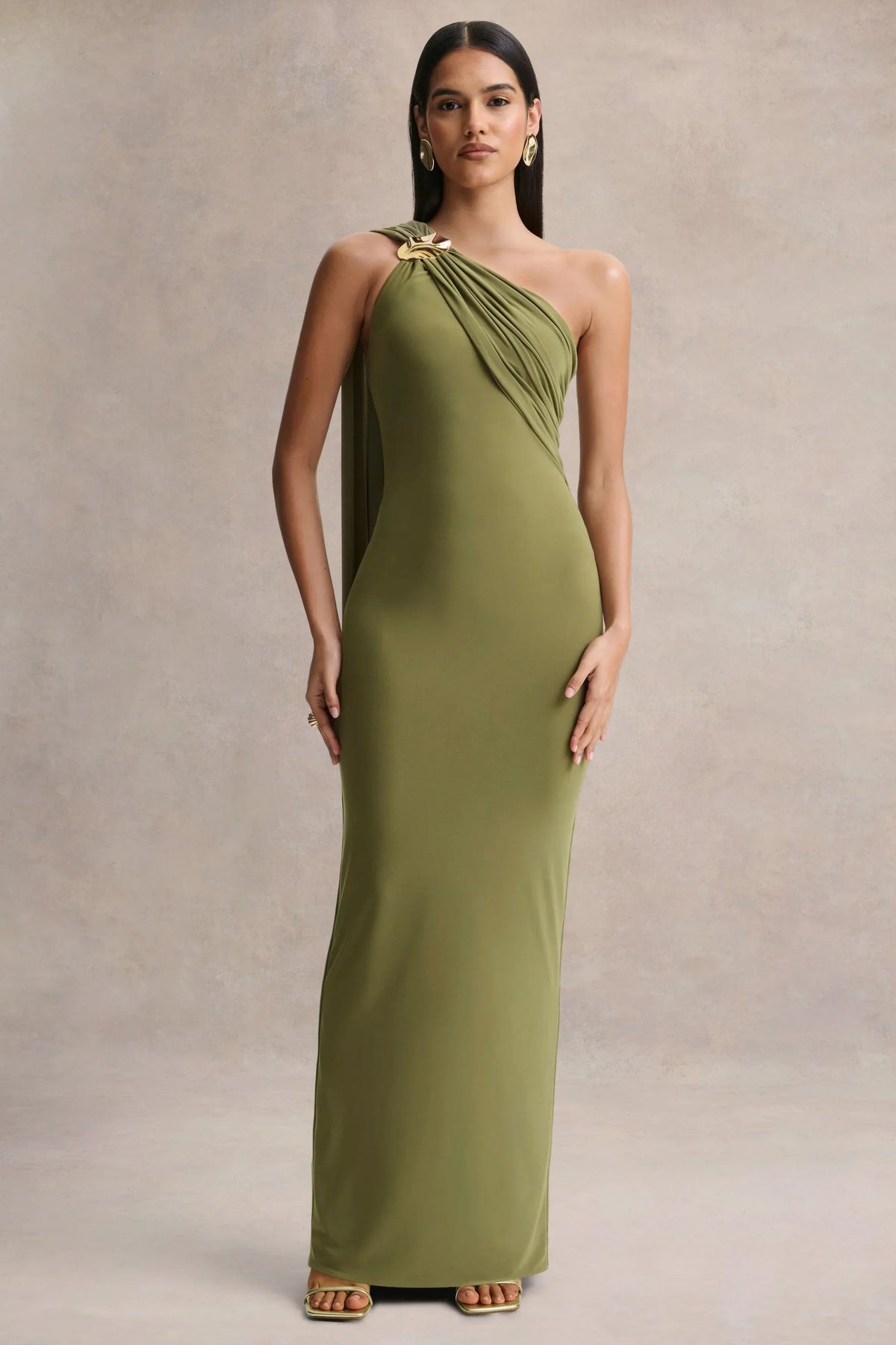 Mandy | Olive Asymmetric-Neck Maxi Dress With Gold-Detail