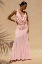 Meggie | Pink Plunge-Neck Twisted Maxi Dress With Chiffon Skirt