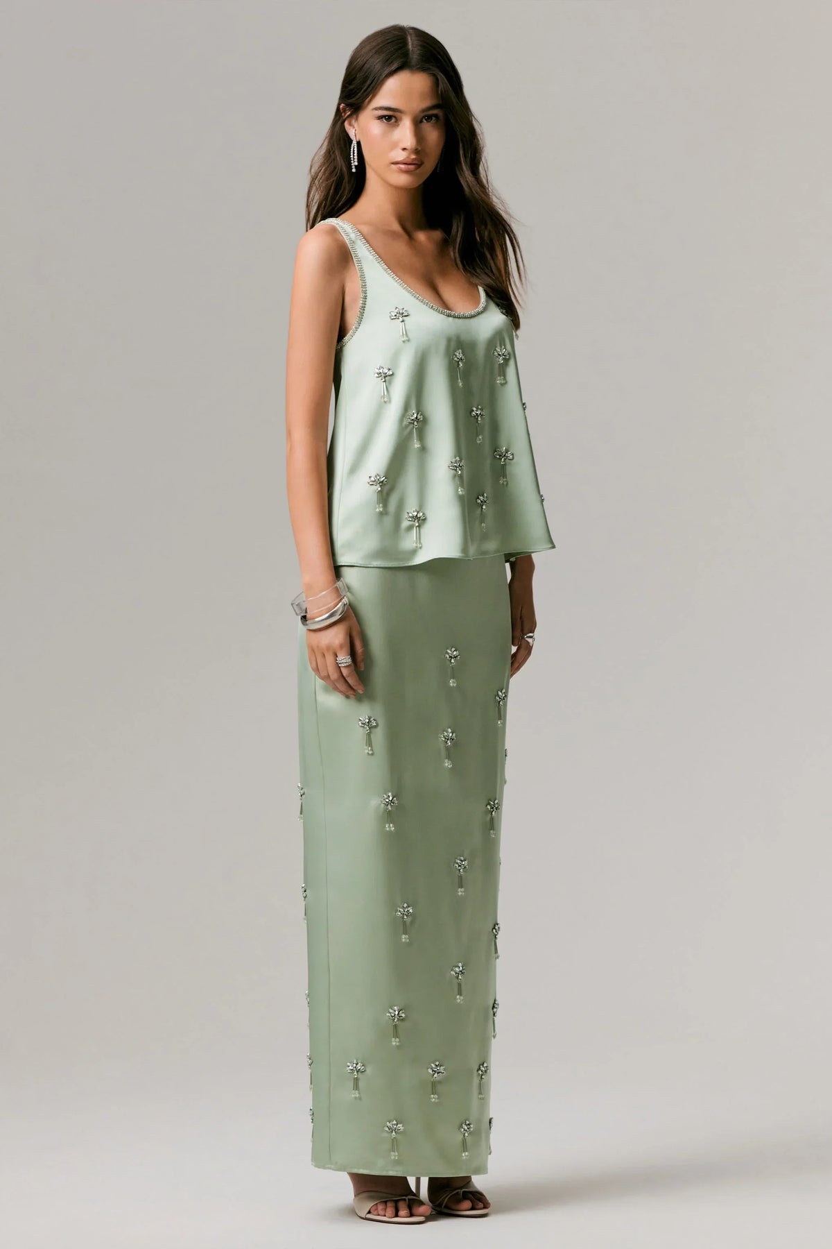 Lena | Mint Satin Embellished Maxi Skirt