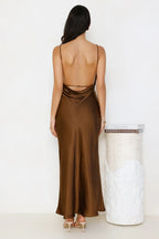 Unveiled Sophistication Satin Maxi Dress Chocolate