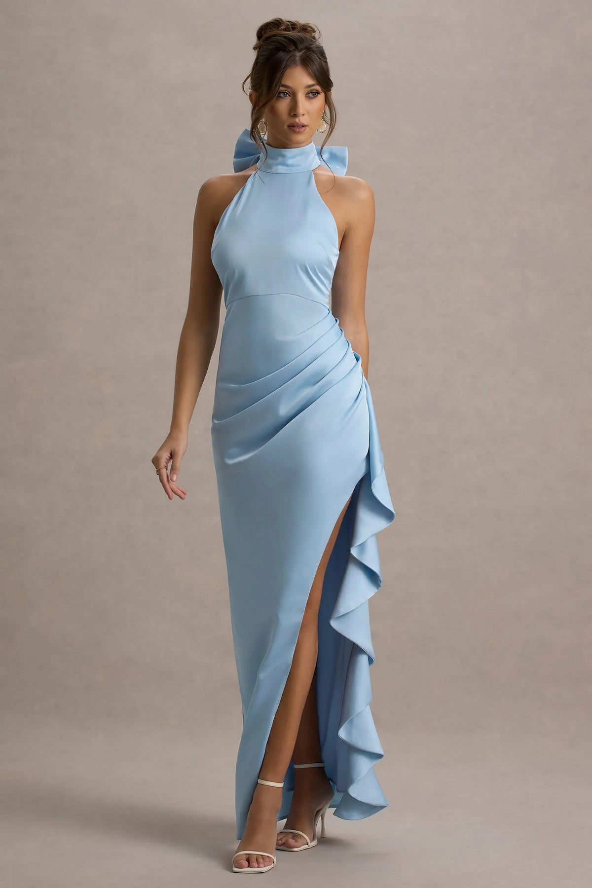 Maureen | Powder Blue Satin High-Neck Draped Maxi Dress