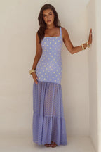 TILLIE SHEER BOTTOM MAXI DRESS - PERIWINKLE/LEMON POLKA
