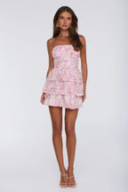 Sweetest Soul Floral Lace Tiered Strapless Mini Dress Pink