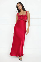 Waltzing In Romance Satin Maxi Dress Red