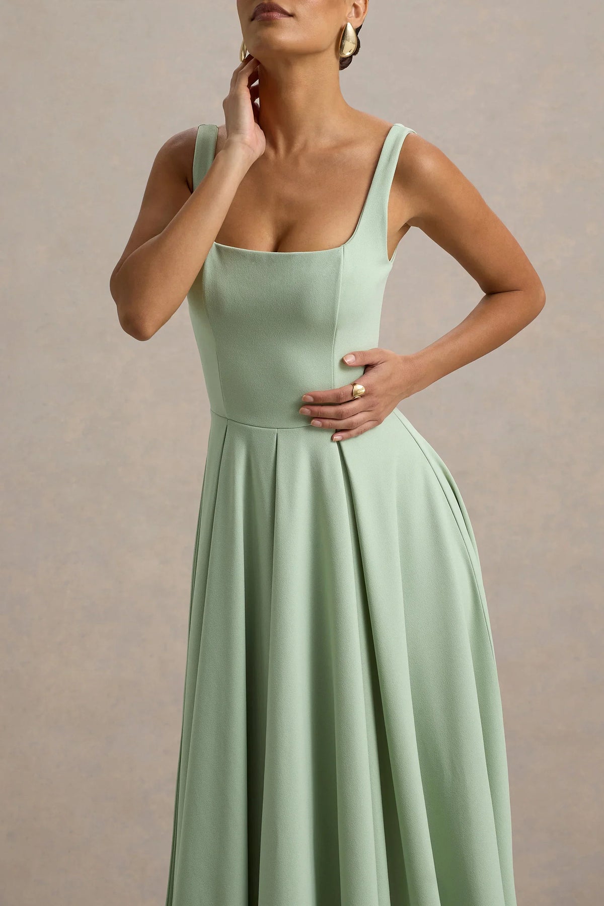Parina | Light Green Strappy Volume-Hem Midi Dress