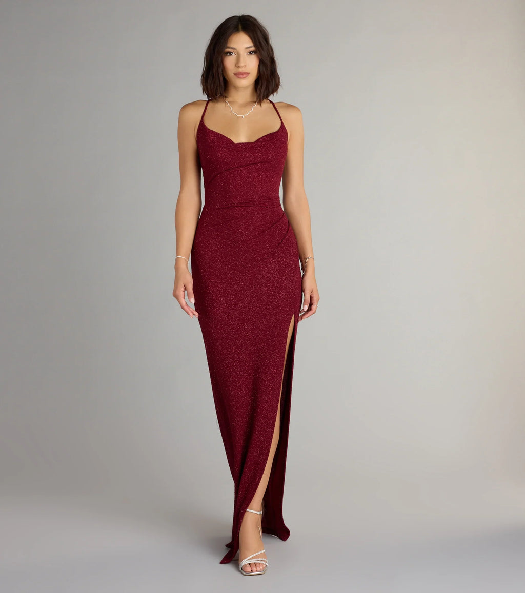Amirah Formal Glitter Cowl Neck Column Dress