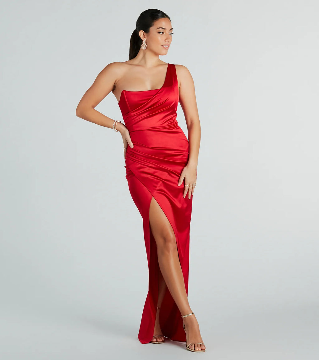 Isla Satin One-Shoulder Wrap Dress