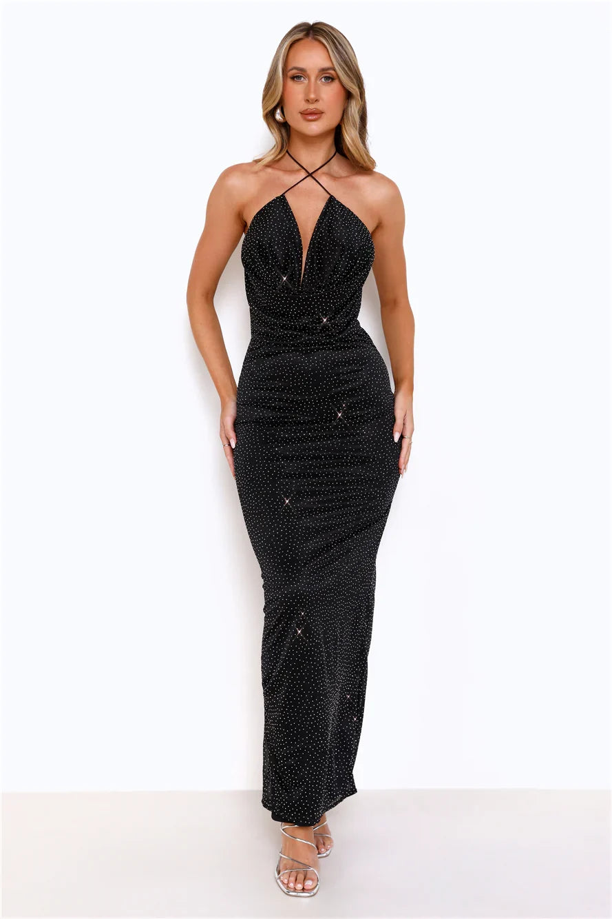 Sparkling Love Frequency Halter Maxi Dress Black
