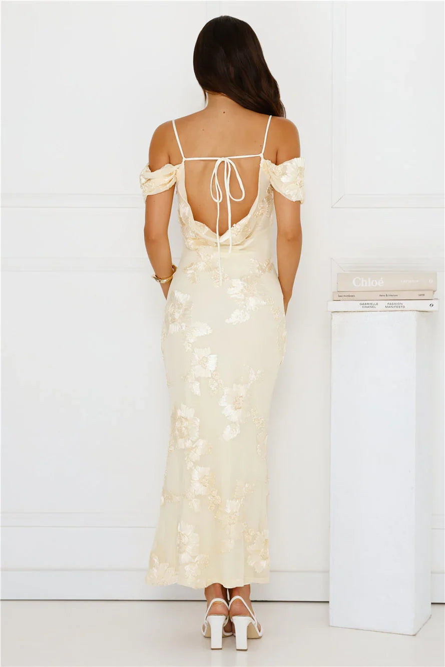 You’re Magic Off Shoulder Mesh Maxi Dress Yellow