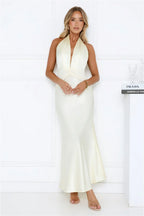 Twilight Charm Satin Halter Maxi Dress Yellow