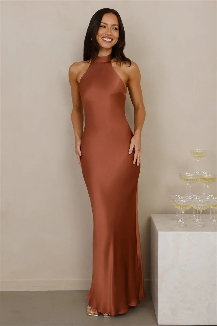 The Cleo Halter Satin Maxi Dress Copper