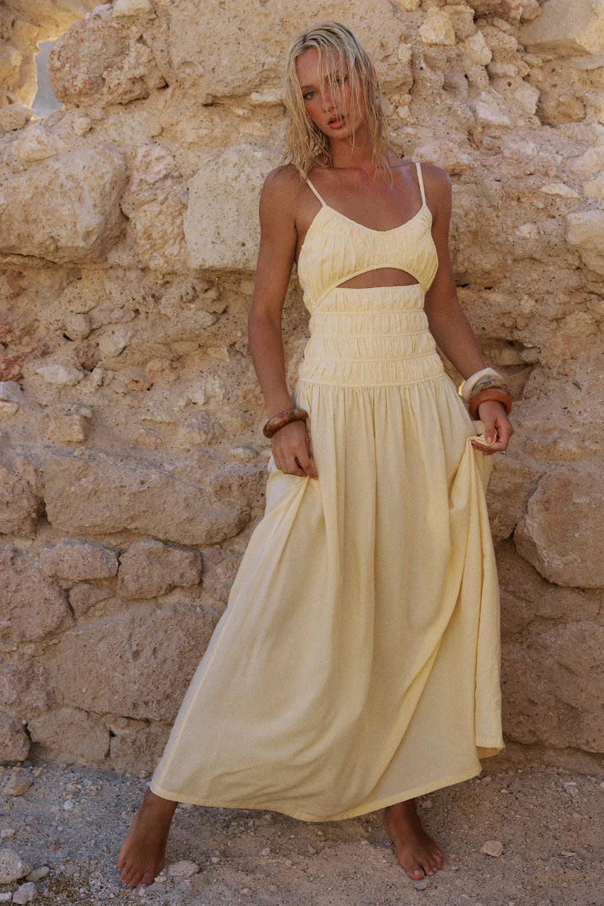 ADORA STRAPPY SHIRRED MAXI DRESS - LEMON