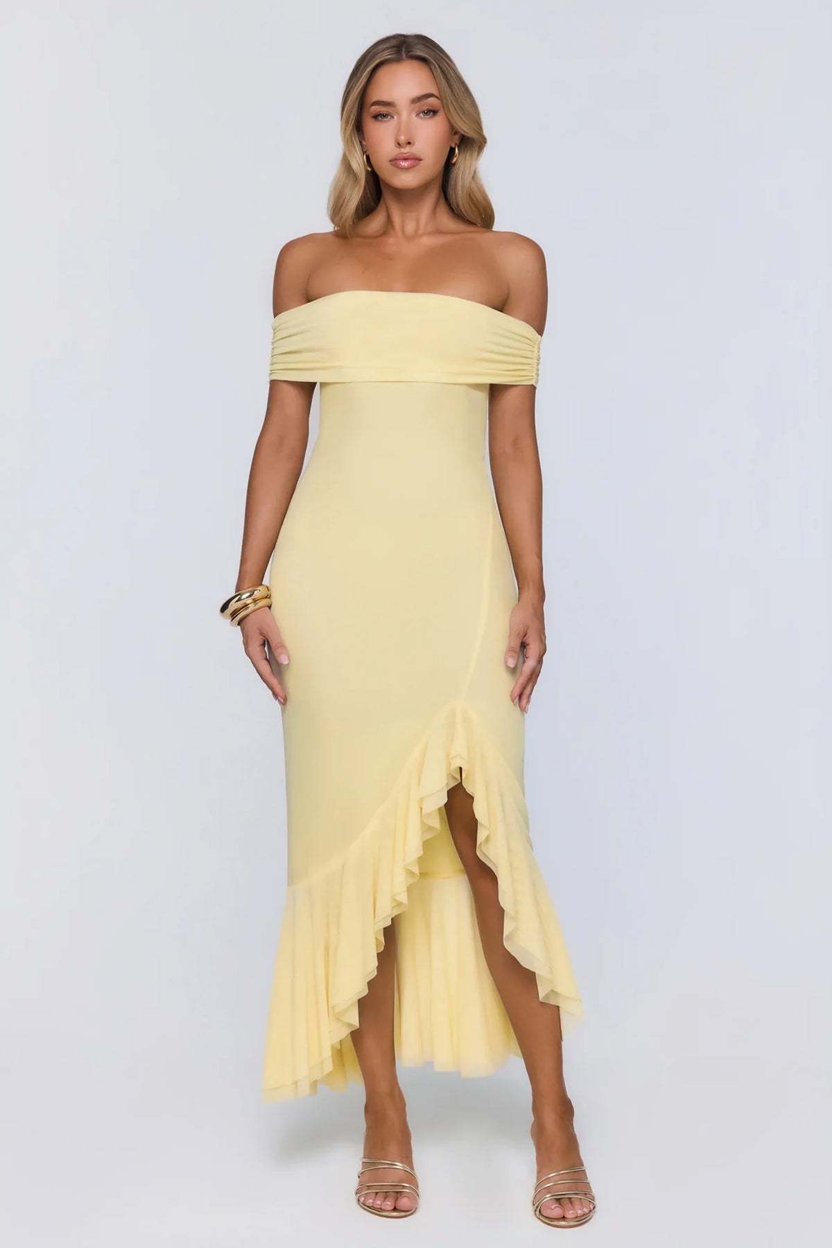 Daily Glow Off Shoulder Mesh Midi Dress Yellow