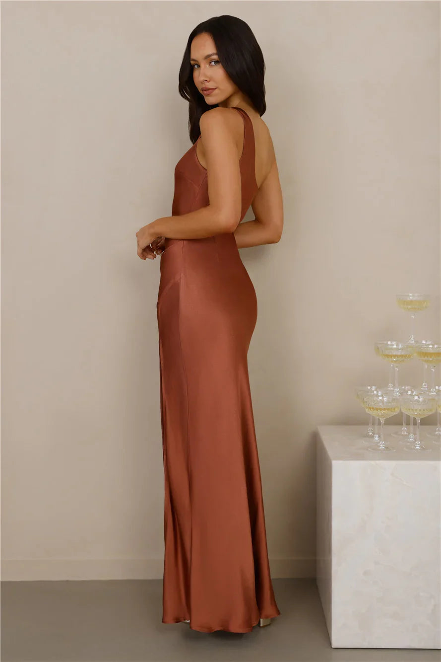 The Aurora One Shoulder Satin Maxi Dress Copper