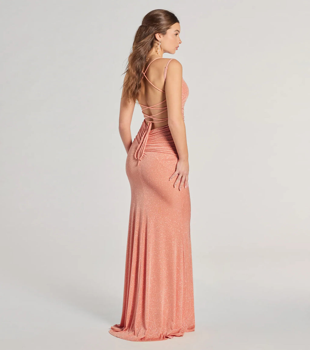 Rylie Formal Glitter Lace-Up Column Dress