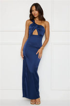 Strong Desire Satin One Shoulder Maxi Dress Navy