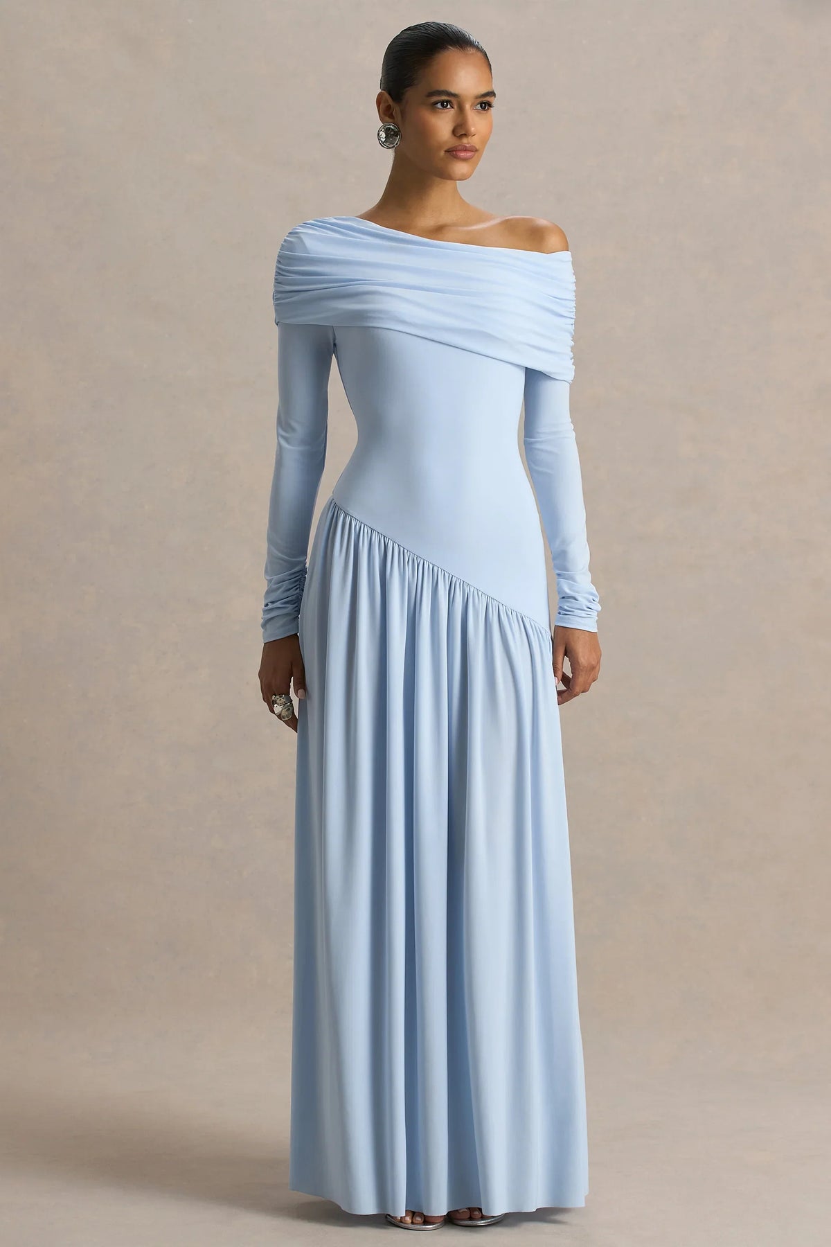 Farah | Powder Blue Asymmetric-Neck Maxi Dress With Drop Waist And Ruched Detailing
