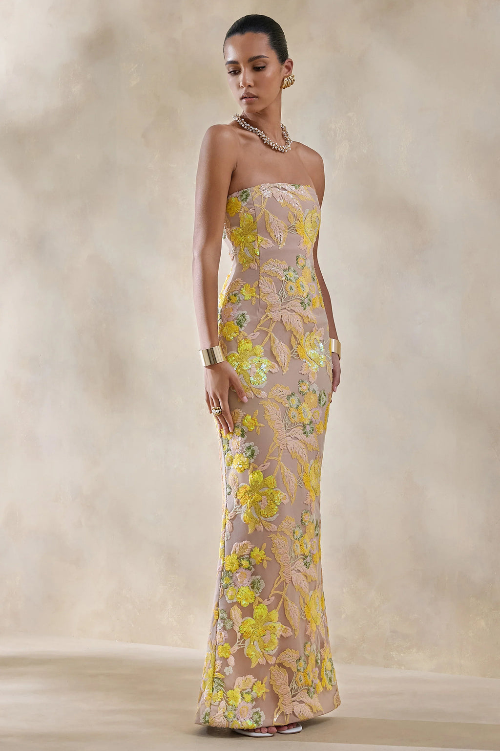 Severn | Yellow Embellished Floral Bandeau Maxi Dress