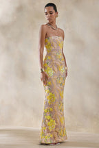 Severn | Yellow Embellished Floral Bandeau Maxi Dress