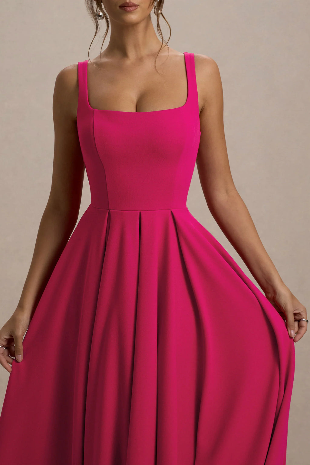 Parina | Hot Pink Strappy Volume-Hem Midi Dress