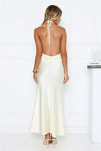 Twilight Charm Satin Halter Maxi Dress Yellow