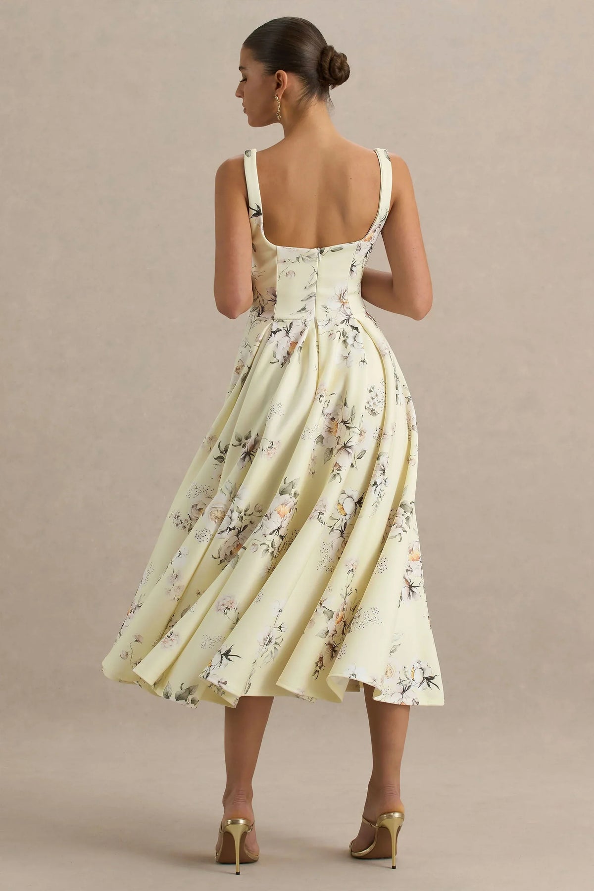 Lissa | Lemon Floral Bouquet Print Square-Neck Midi Dress