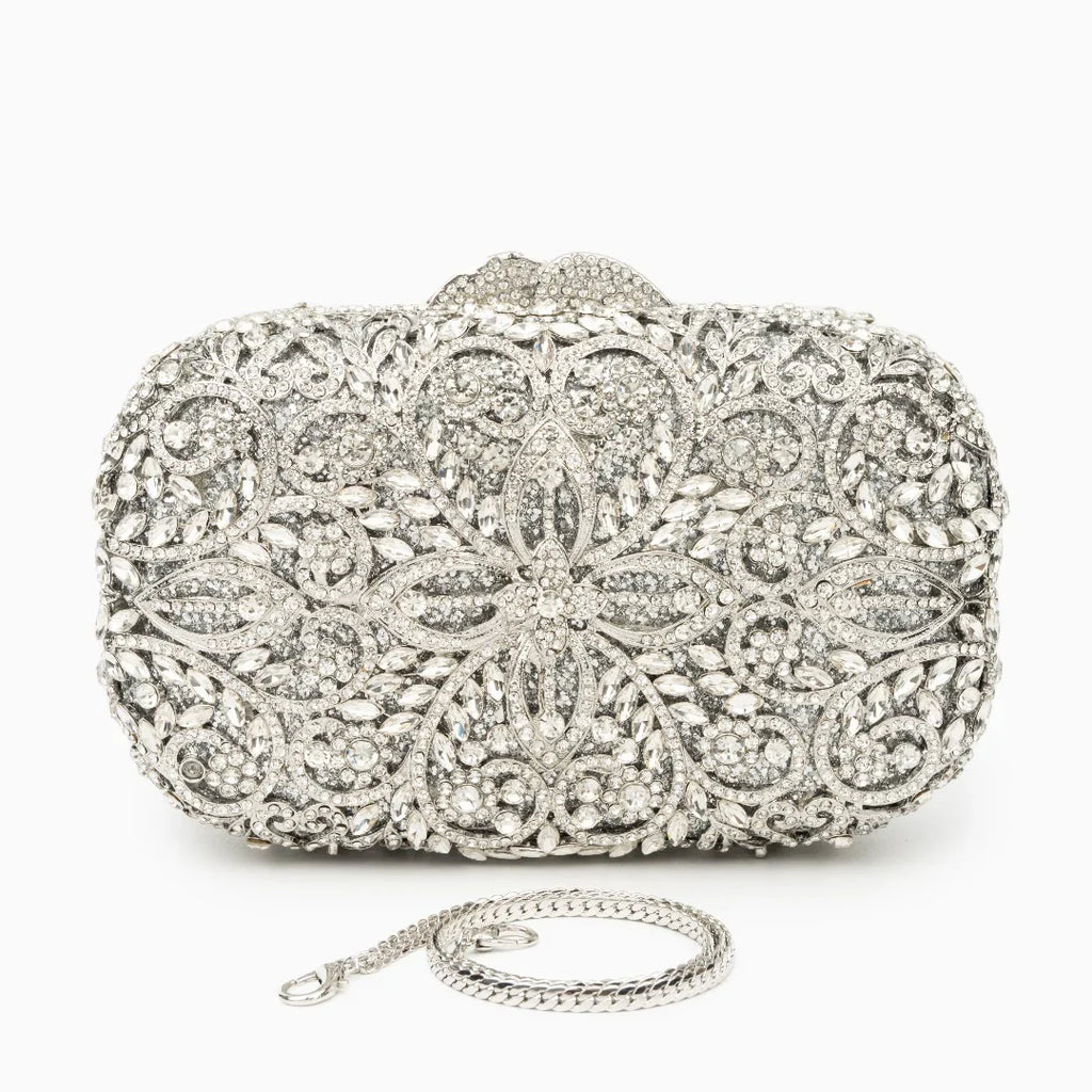 Vioraia Athena Flower Rhinestones Clutch Bag - Silver