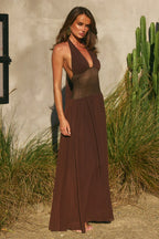FERNANDA PLUNGE HALTER MAXI DRESS - BITTER CHOCOLATE