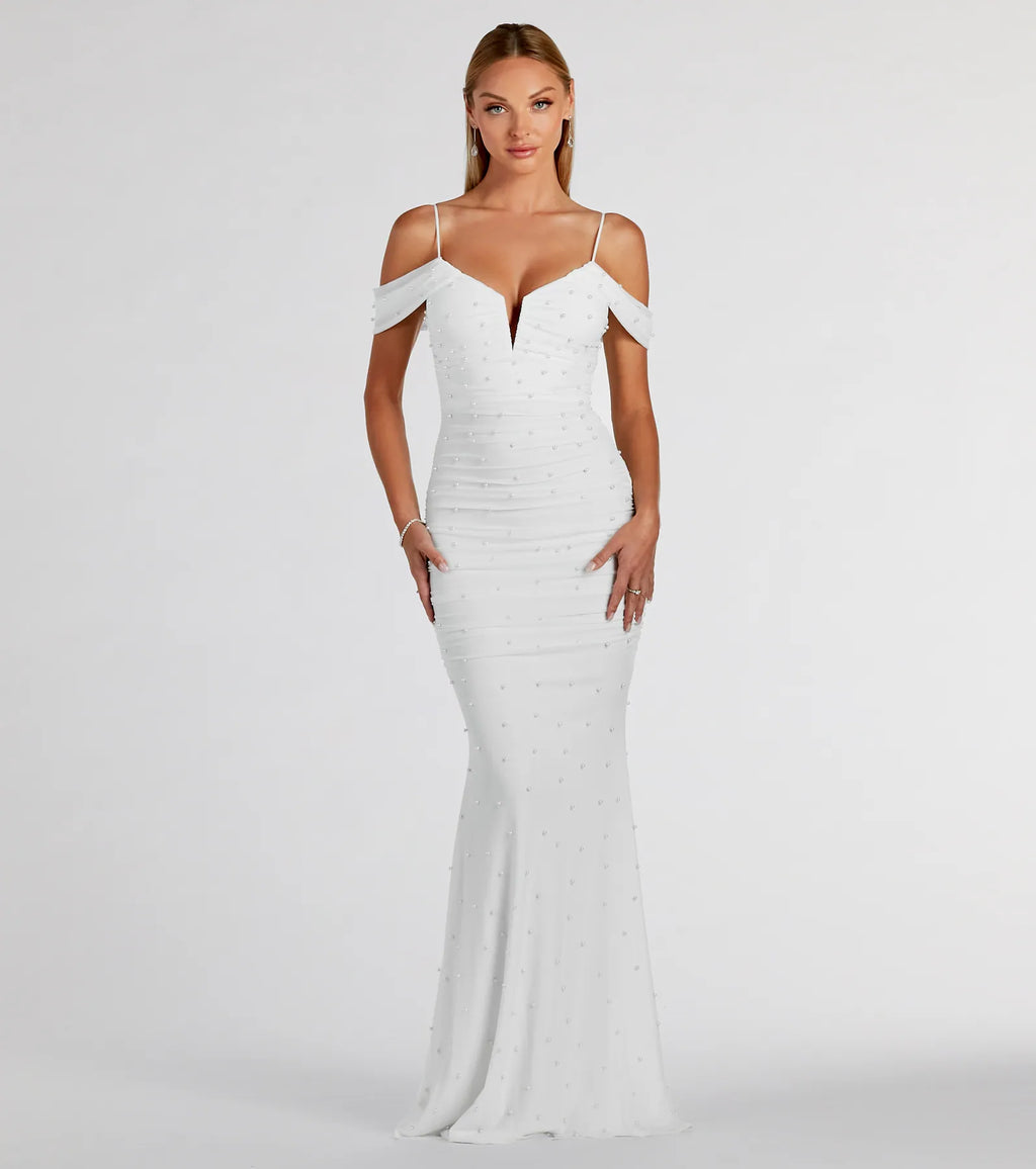 Charlene Formal Faux Pearl Mesh Mermaid Dress