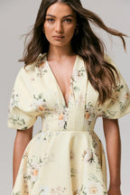 Delight | Lemon Print Plunge-Neck Ruffled Mini Dress