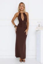 Soft Power Dressing Halter Maxi Dress Chocolate