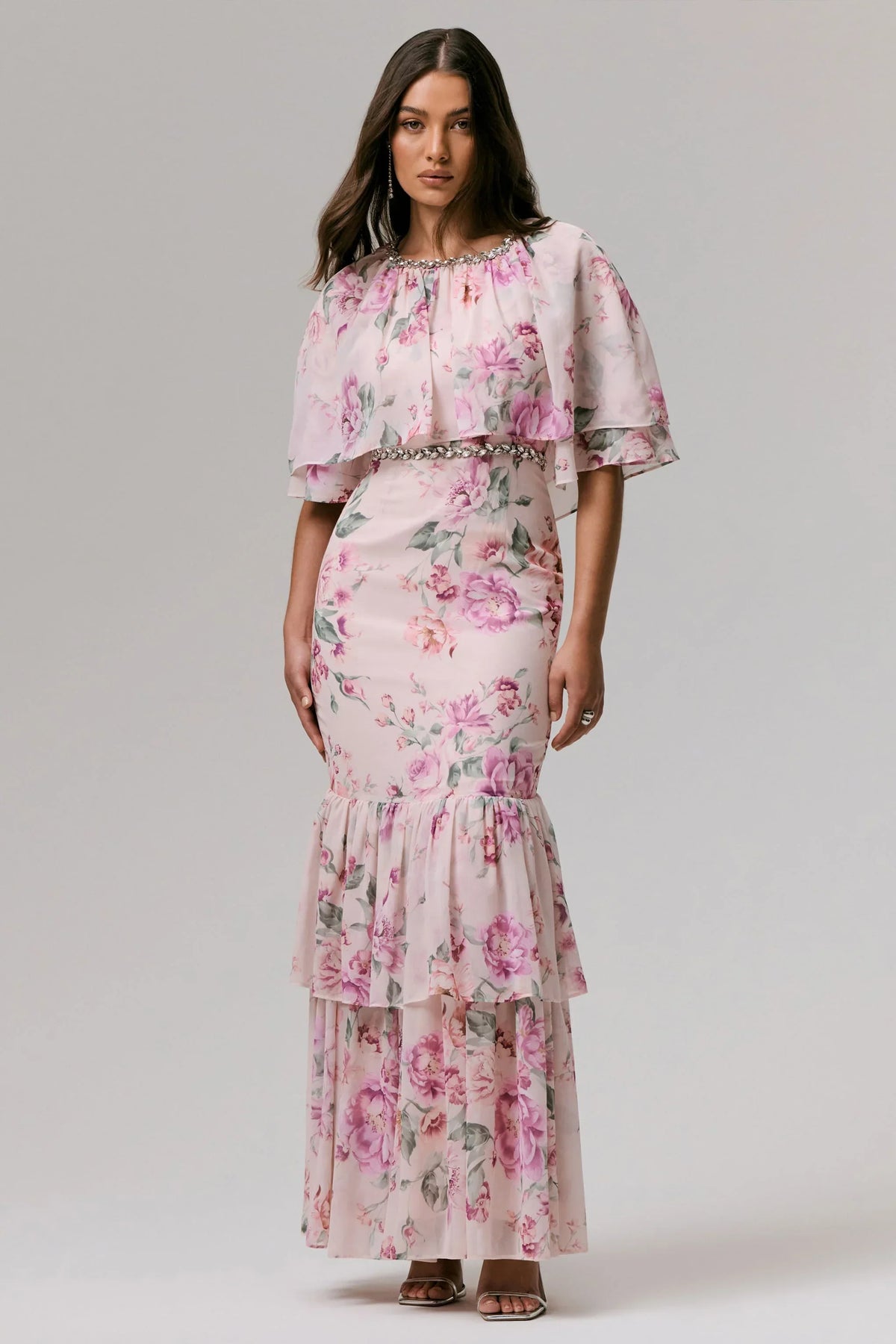 Never Let Go | Pink Floral Print Chiffon Maxi Dress With Tiered Hem