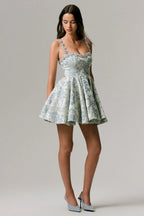 Seashell | Light Blue Jacquard Embellished Sweetheart-Neck Skater Mini Dress