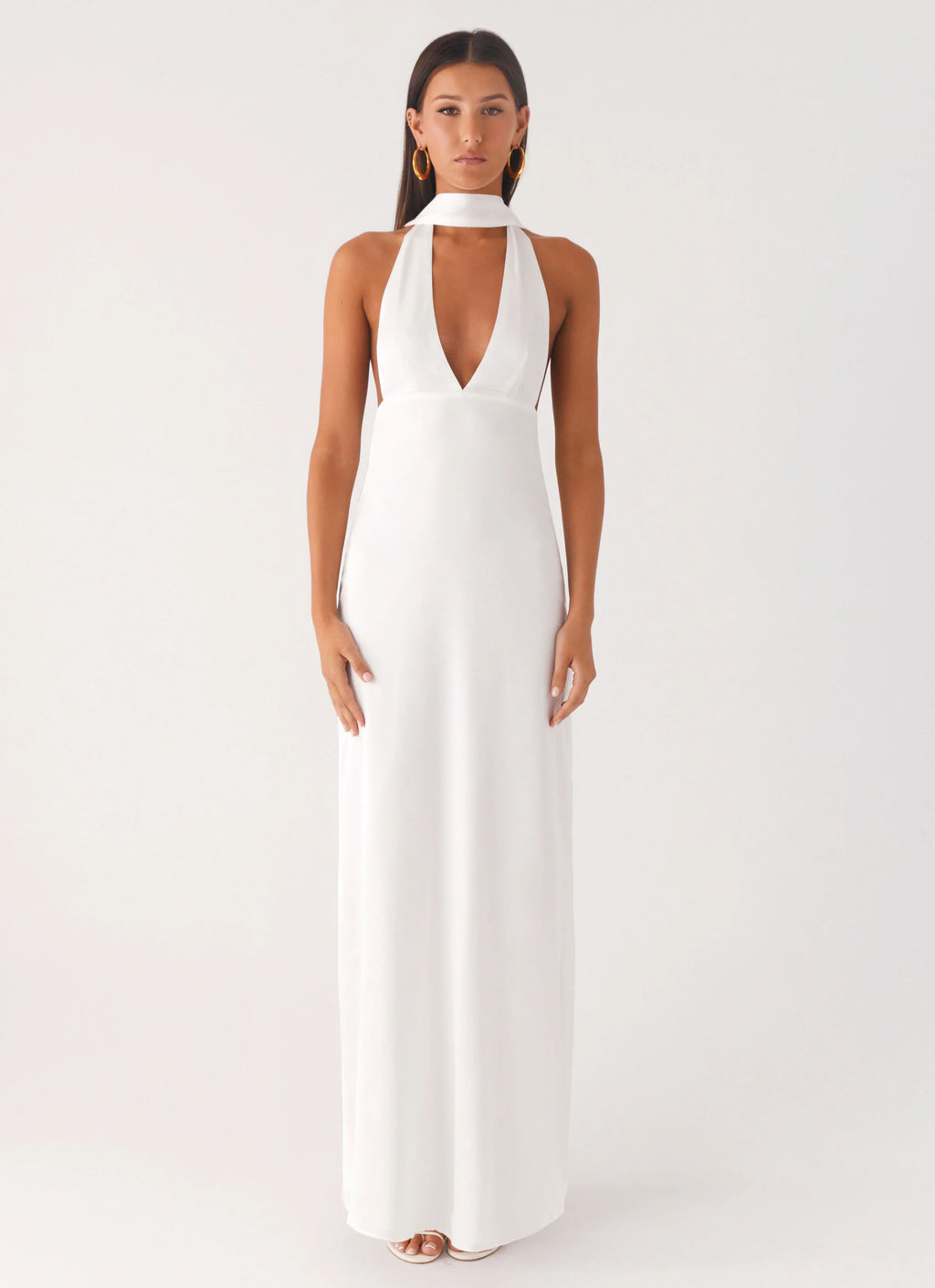 Alicia Satin Halter Maxi Dress - White